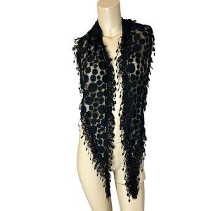 3/$25 Vtg Black Lace Shawl Scarf Fringe Polka Dot 68x8 Festival Dark Fairy Goth